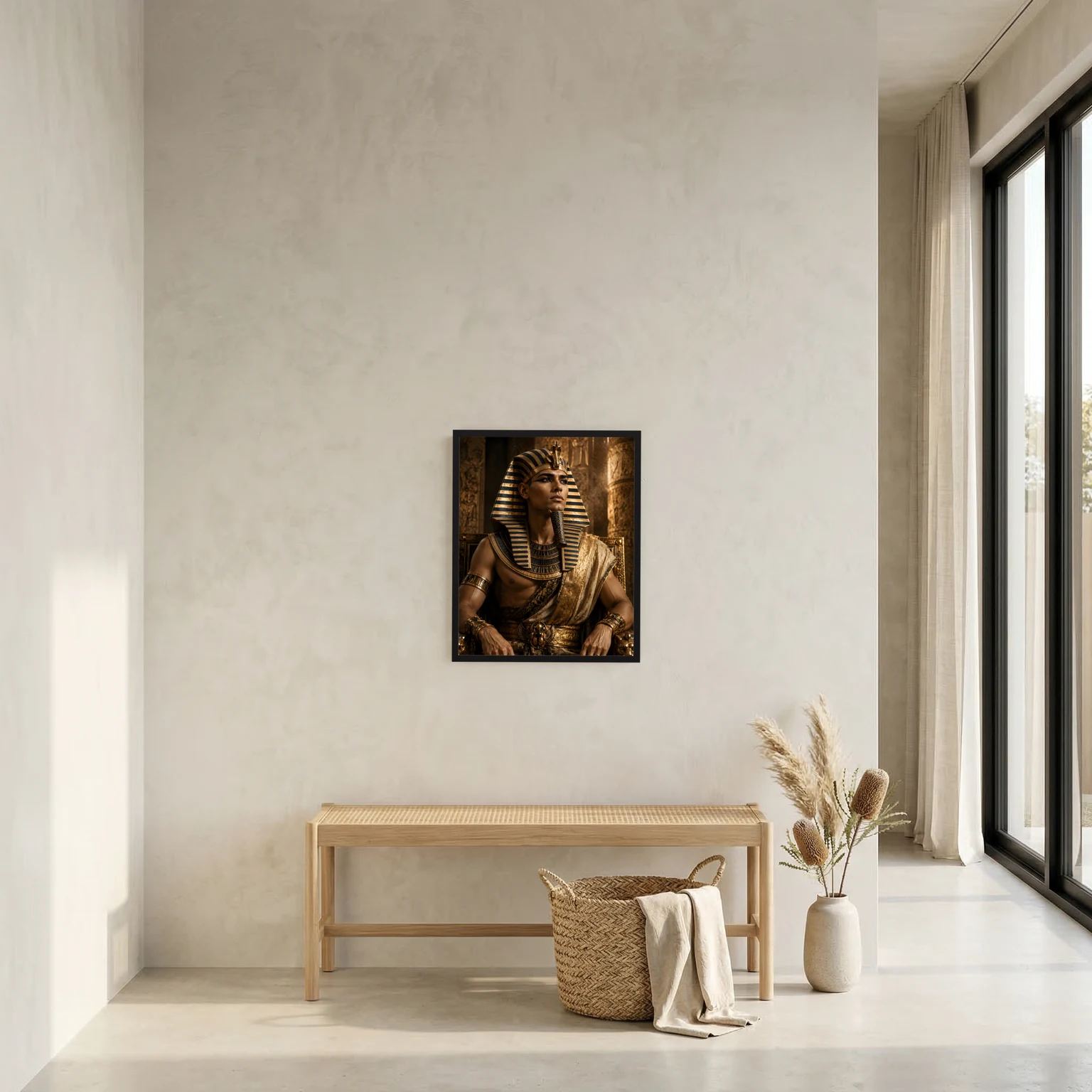 Ägyptisches Pharao-Wandbild: kleiner Kunstdruck mit sitzendem König und goldenen Streifen.