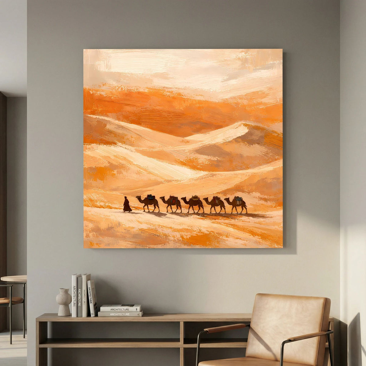 Leinwand-Wandbild mit hellem Holzrahmen: Wüstenlandschaft in Orange mit gerader Karawanenlinie