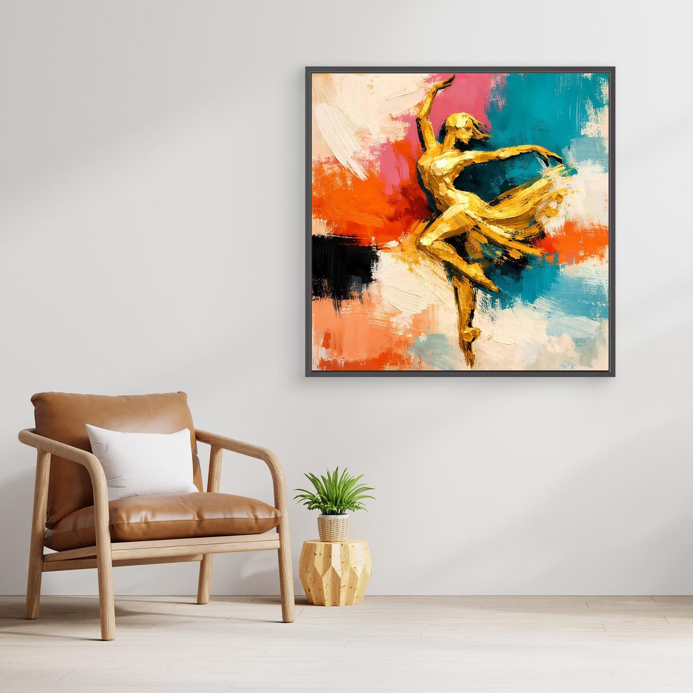 Leinwand Elegante Goldene Tänzerin im Flug | Abstraktes Ballett & Modern Art Wandbild