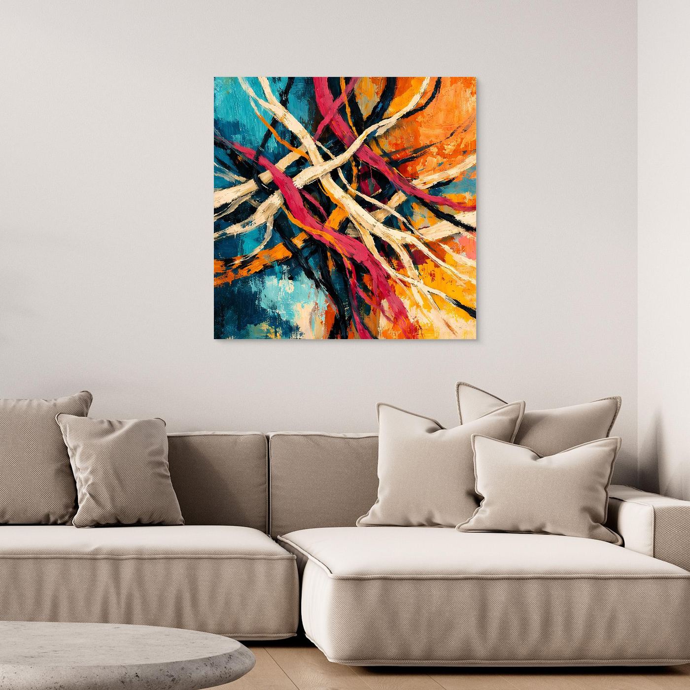 Gerahmtes abstraktes Leinwandbild mit bunten Linien in Blau, Orange und Pink