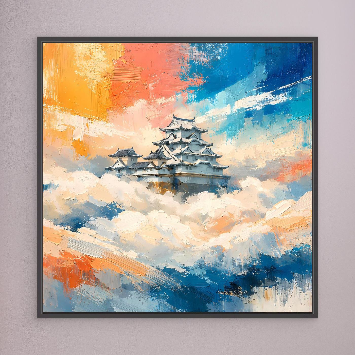 Leinwand Traditionelle Japanische Burg über den Wolken | Fernöstliches Wandbild auf echter Leinwand