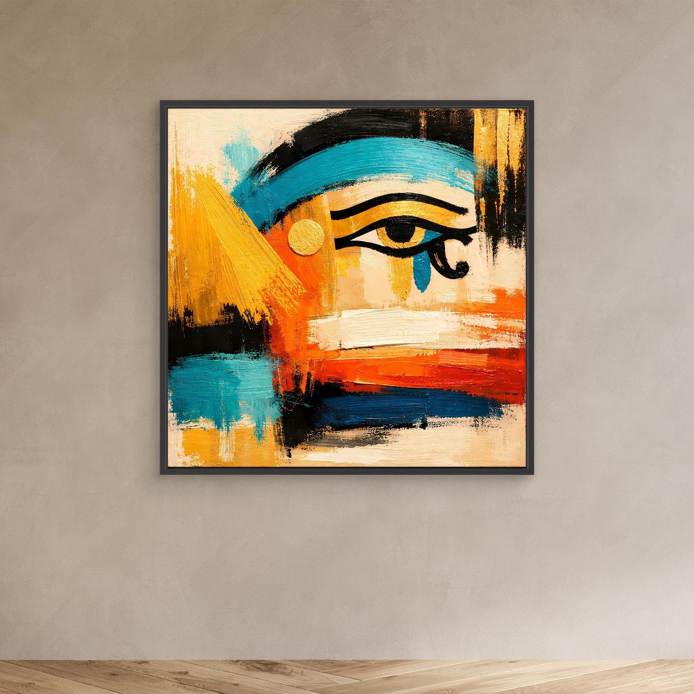 Black-framed abstract Eye canvas with teal, orange, blue, gold brushstrokes and black outline