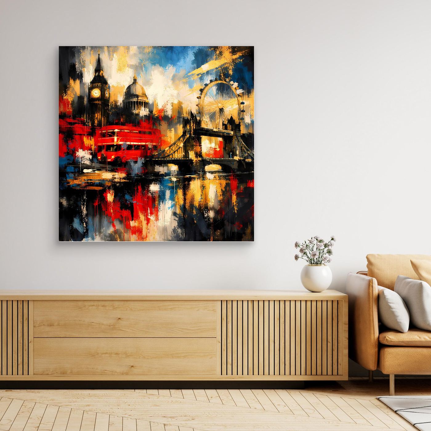 Abstraktes Leinwandbild London-Skyline, bunt mit rotem Boot und Brücke, brauner Holzrahmen