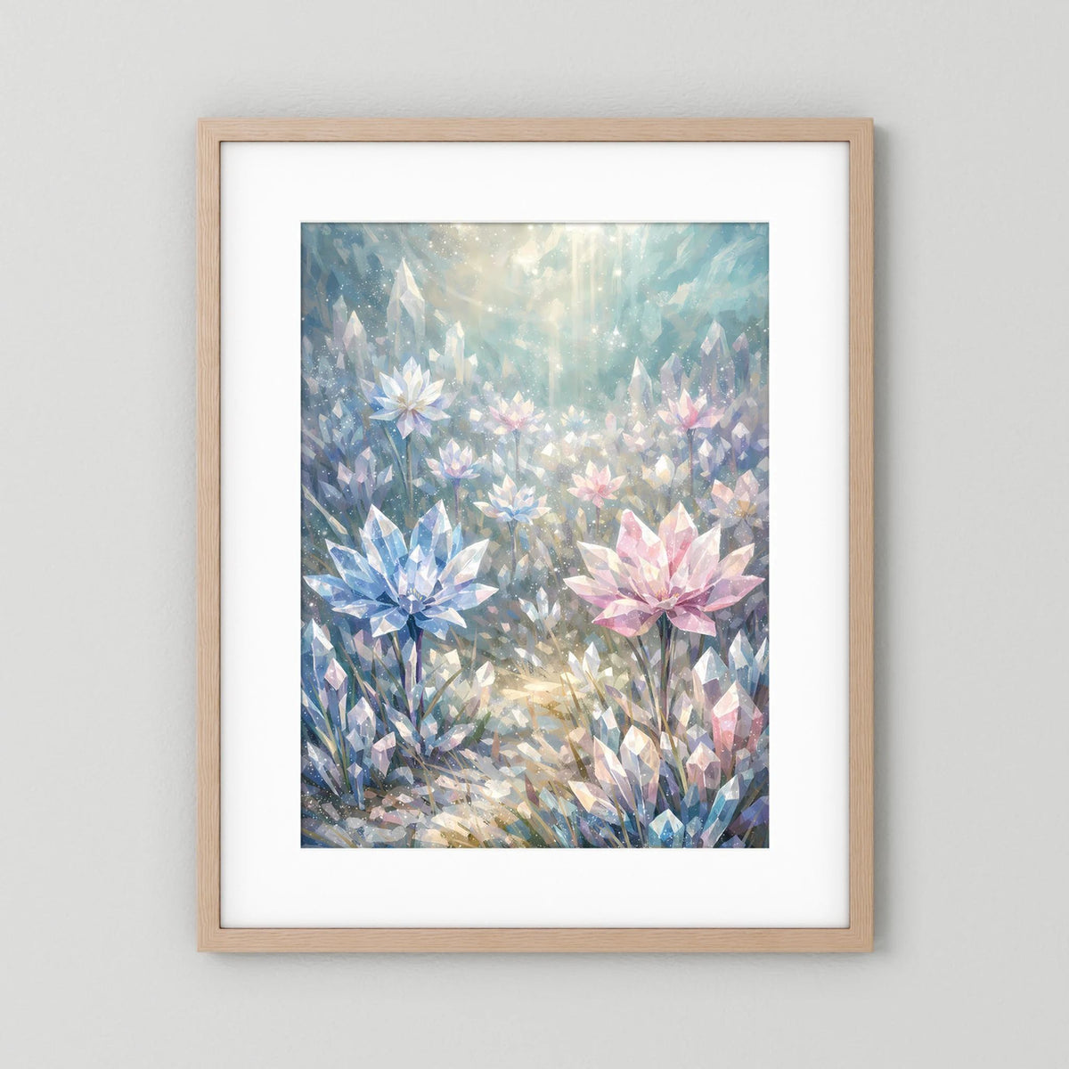 Hochformat-Poster mit Kristallblumen in Pastellblau und Rosa, heller Holzrahmen.