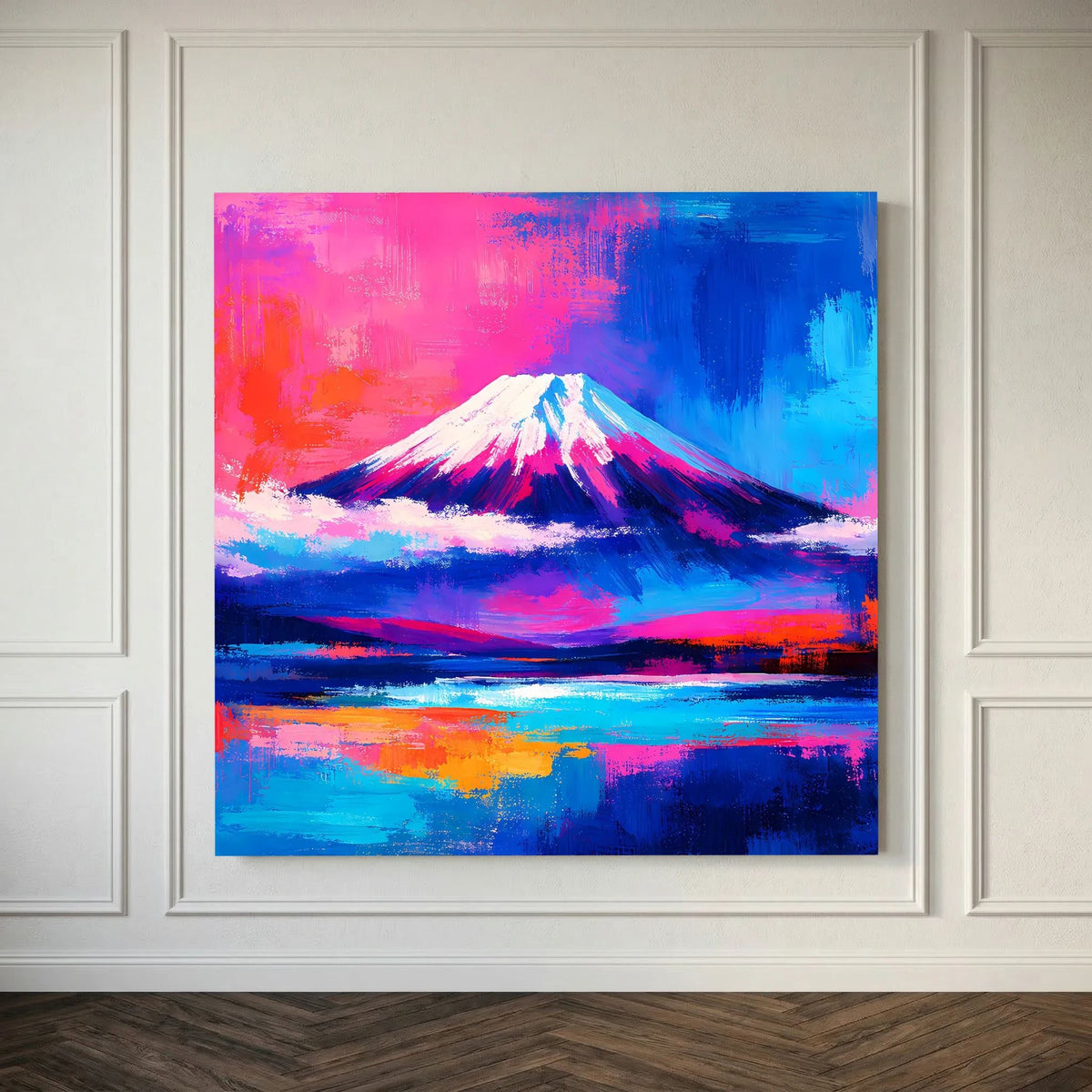 Quadratisches Leinwandbild mit abstraktem Fuji-Berg und Sonnenuntergang auf Holzkeilrahmen