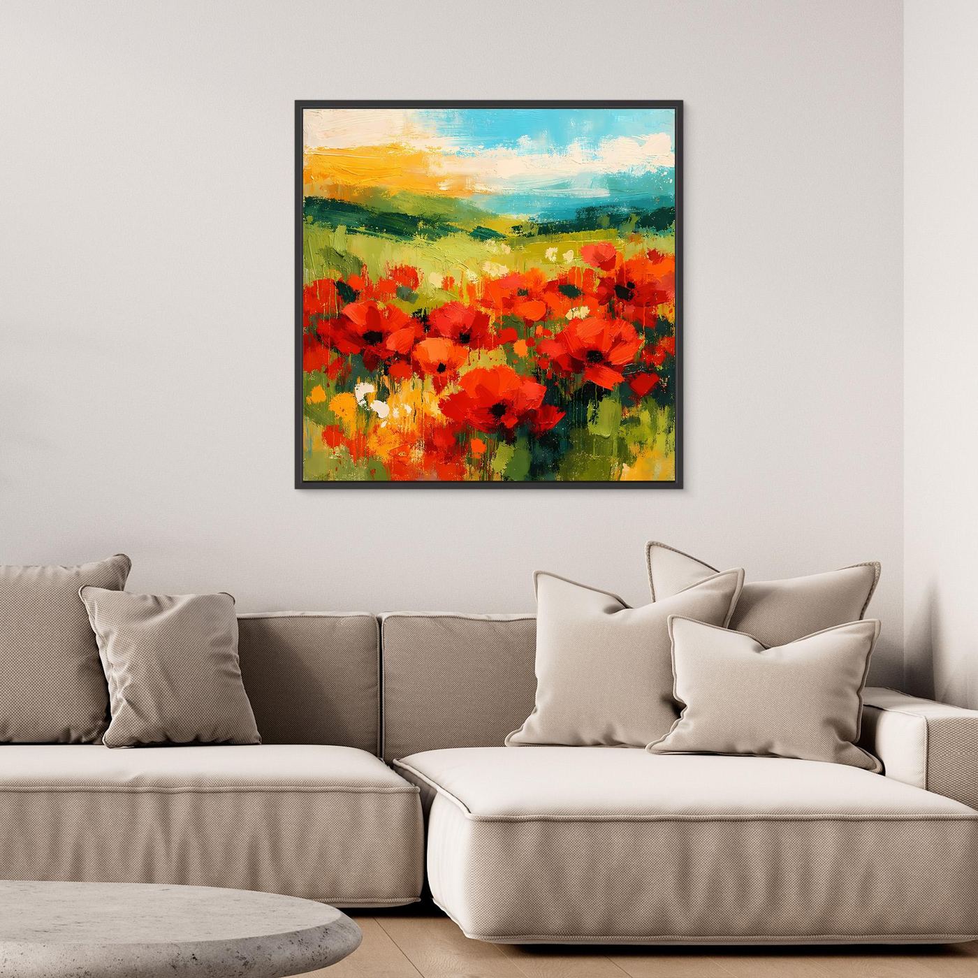 Poppy field canvas wall art with black frame, square red flower landscape