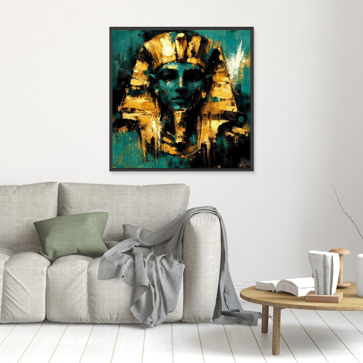 Gerahmtes Leinwand-Wandbild mit abstrahiertem Pharao in Türkis und Gold, dunkler Rahmen