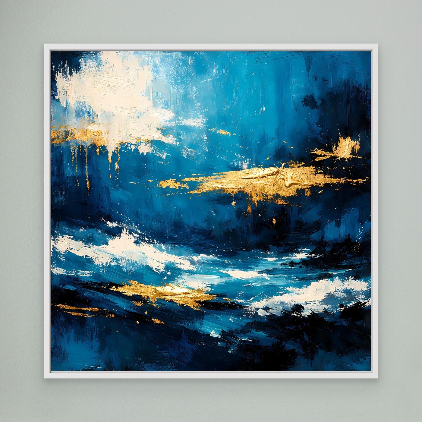 Leinwandbild mit abstrakten Meereswellen in Blau und Gold, weißer Schaum, weißer Rahmen.