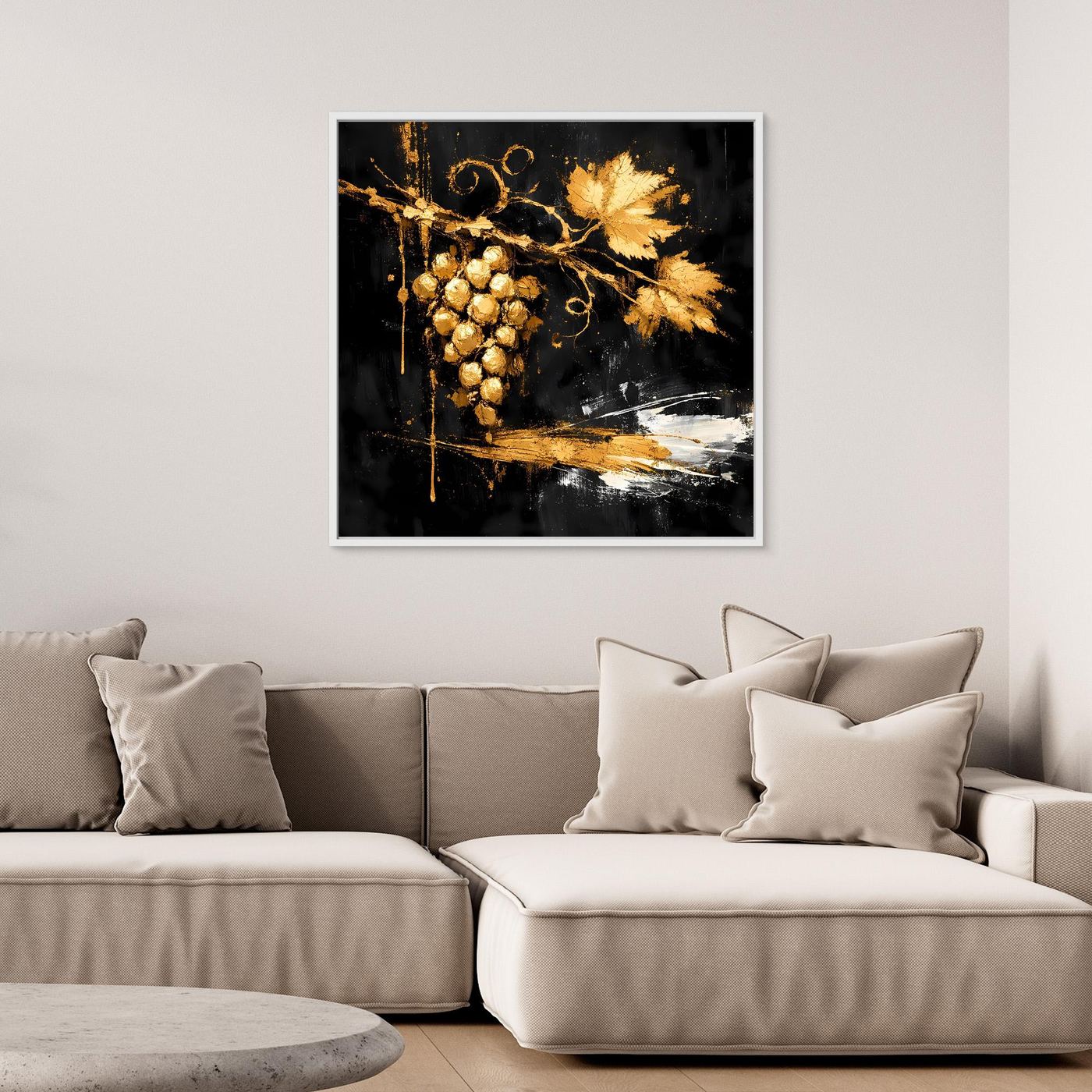 Leinwand Goldene Weintrauben auf Schwarz | Modernes Luxus Wandbild Küche & Wohnzimmer