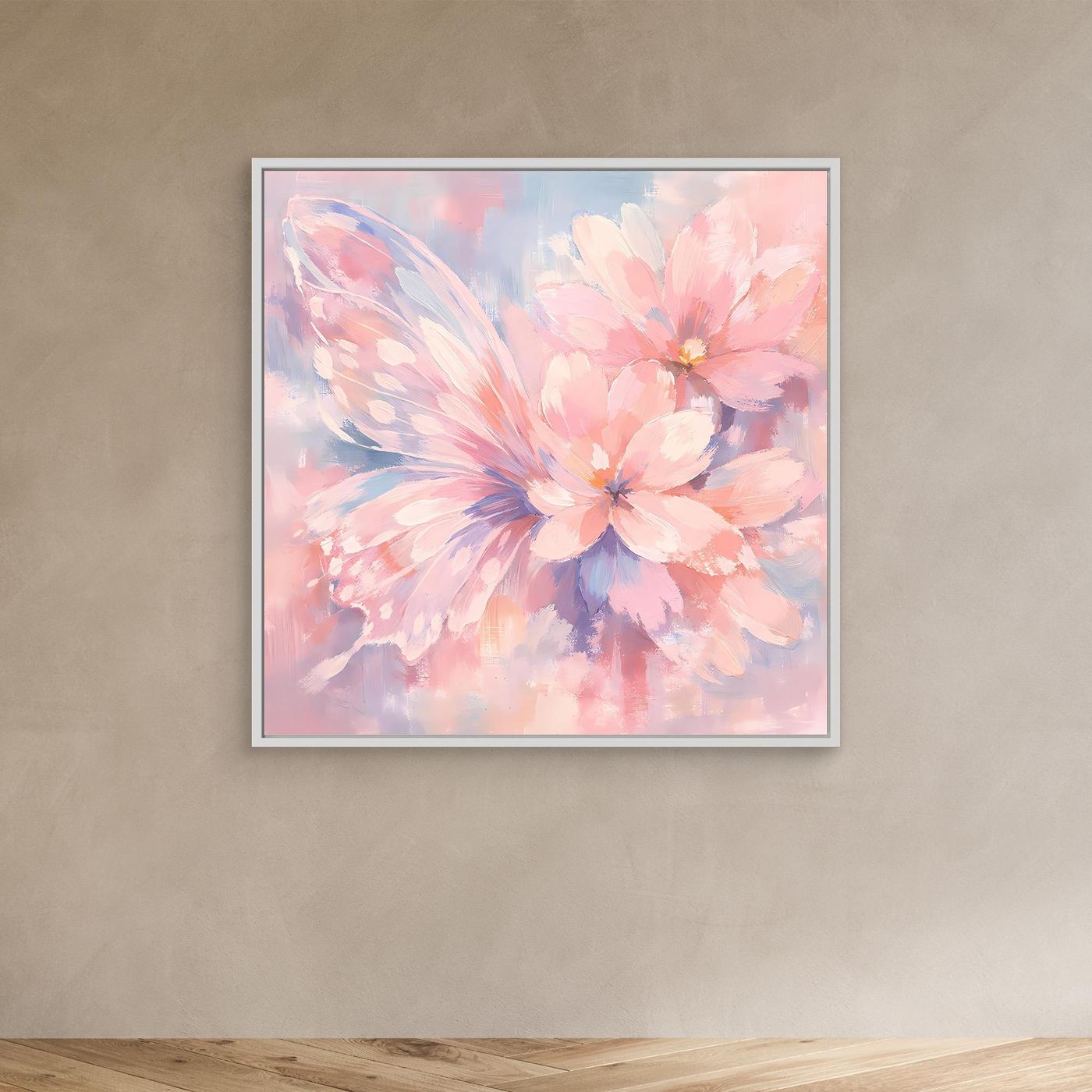 Leinwandbild mit Schmetterlingsblüten im Pastell-Look, weißer Rahmen