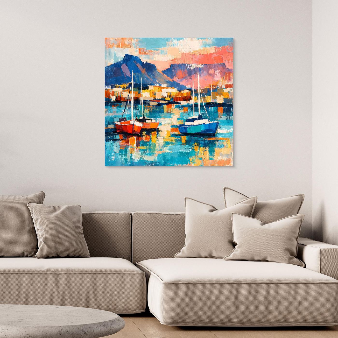 Abstraktes Leinwand-Wandbild: Segelboote im Hafen, blaues Wasser, ohne Rahmen