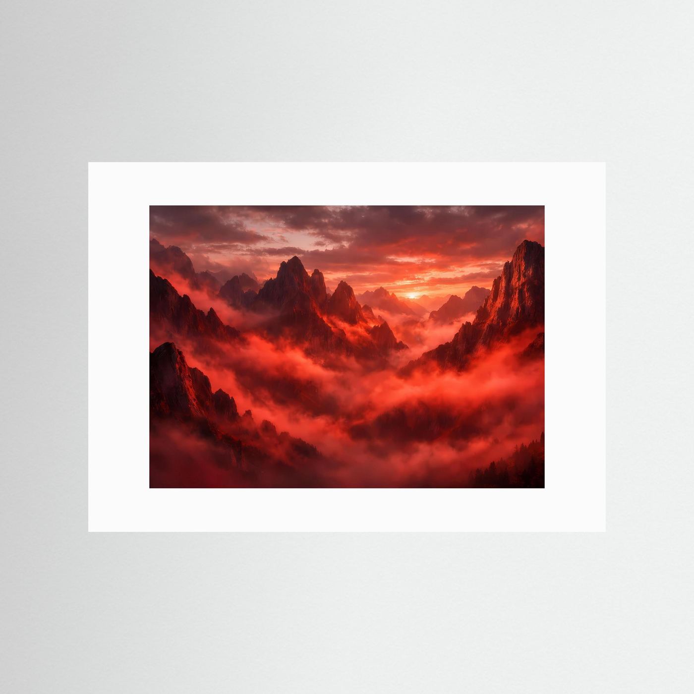 Wandbild ohne Rahmen mit roter Berglandschaft im Nebel