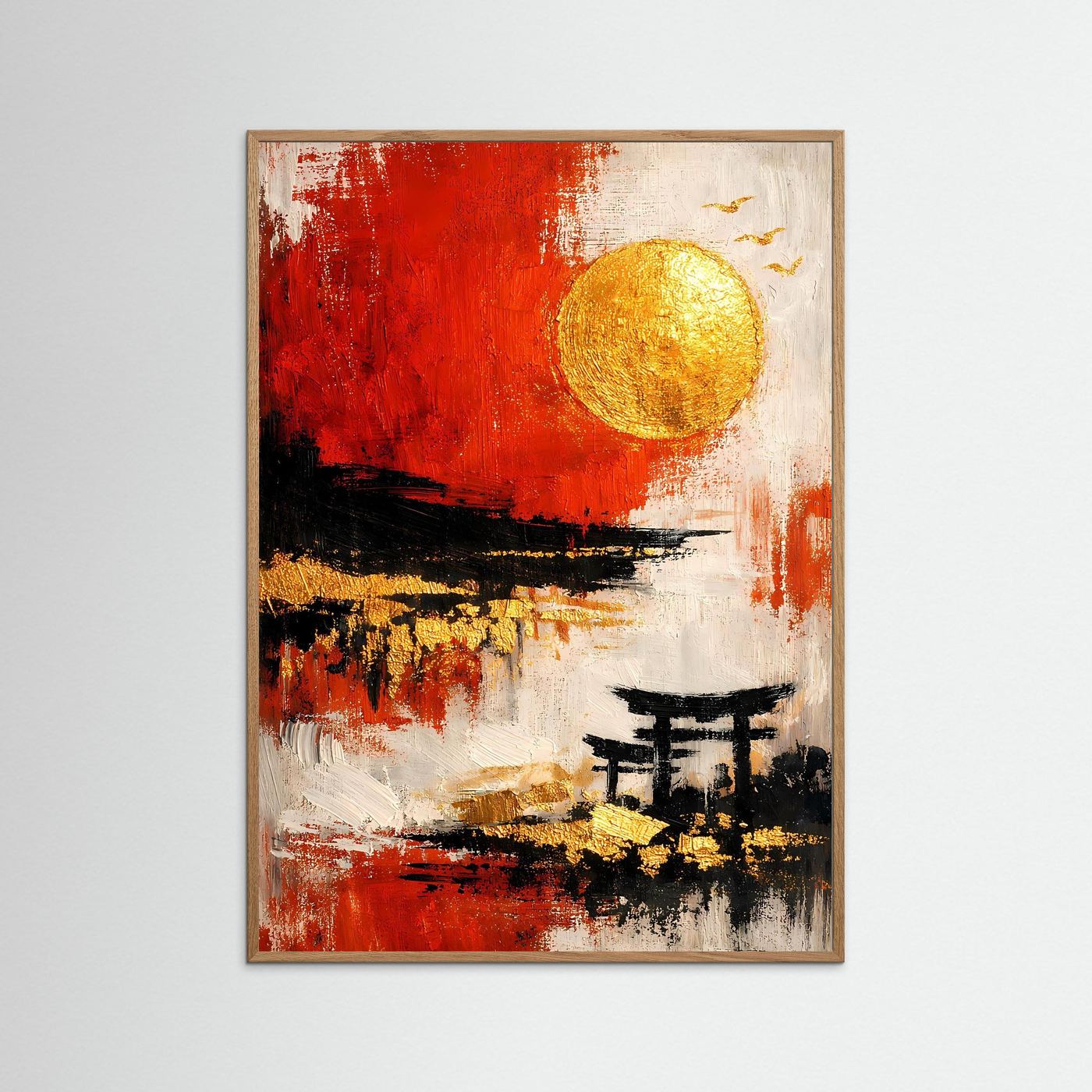 Abstraktes Torii-Poster mit naturfarbenem Holzrahmen: rote, cremefarbene Flächen, goldener Kreis