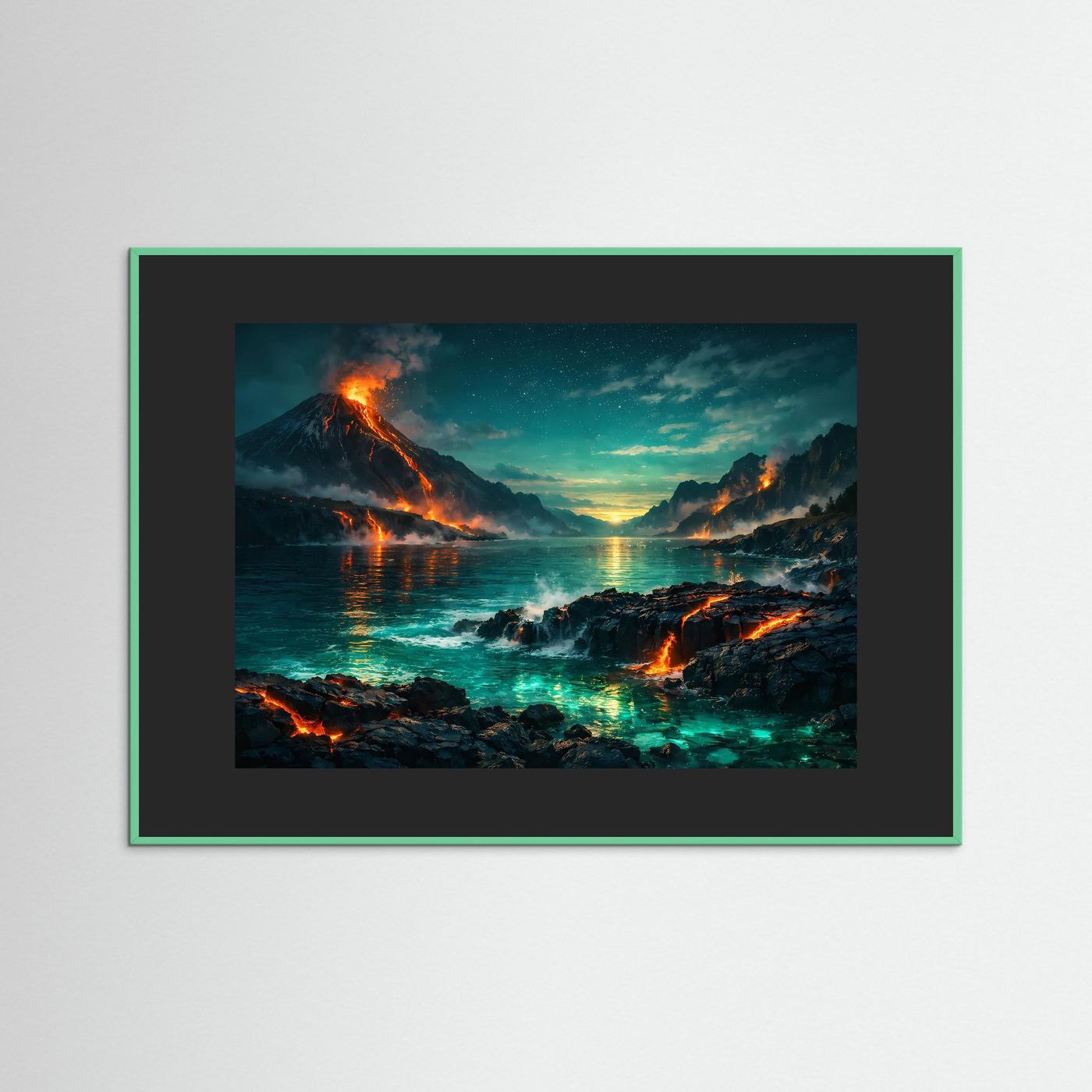 Wandbild mit Vulkanlandschaft und Lava am Meer, grüner Rahmen