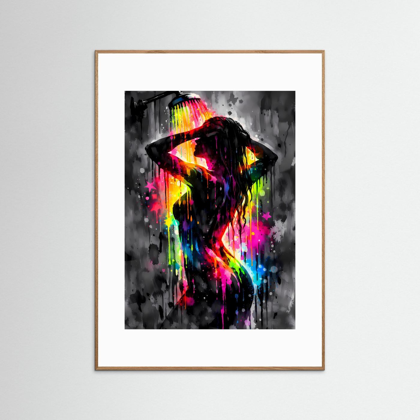 Die Kunst der Erfrischung | Neon Dusch-Poster mit weiblicher Silhouette & Regenbogen-Farben | Abstraktes Pop-Art Kunstposter Hochformat