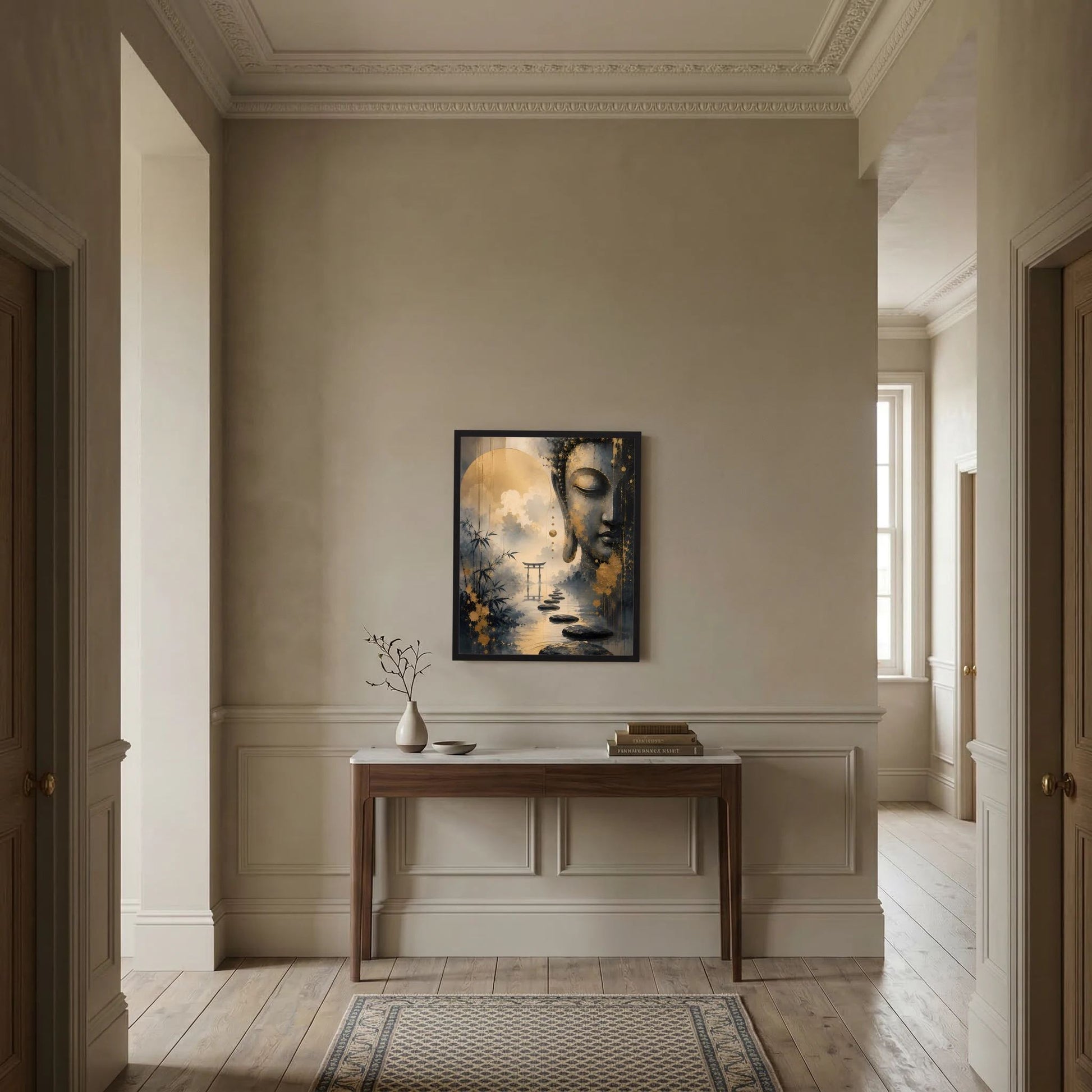 Hochformat-Poster mit Buddha-Gesicht in Gold und Schwarz, Zen-Weg mit Steinstufen
