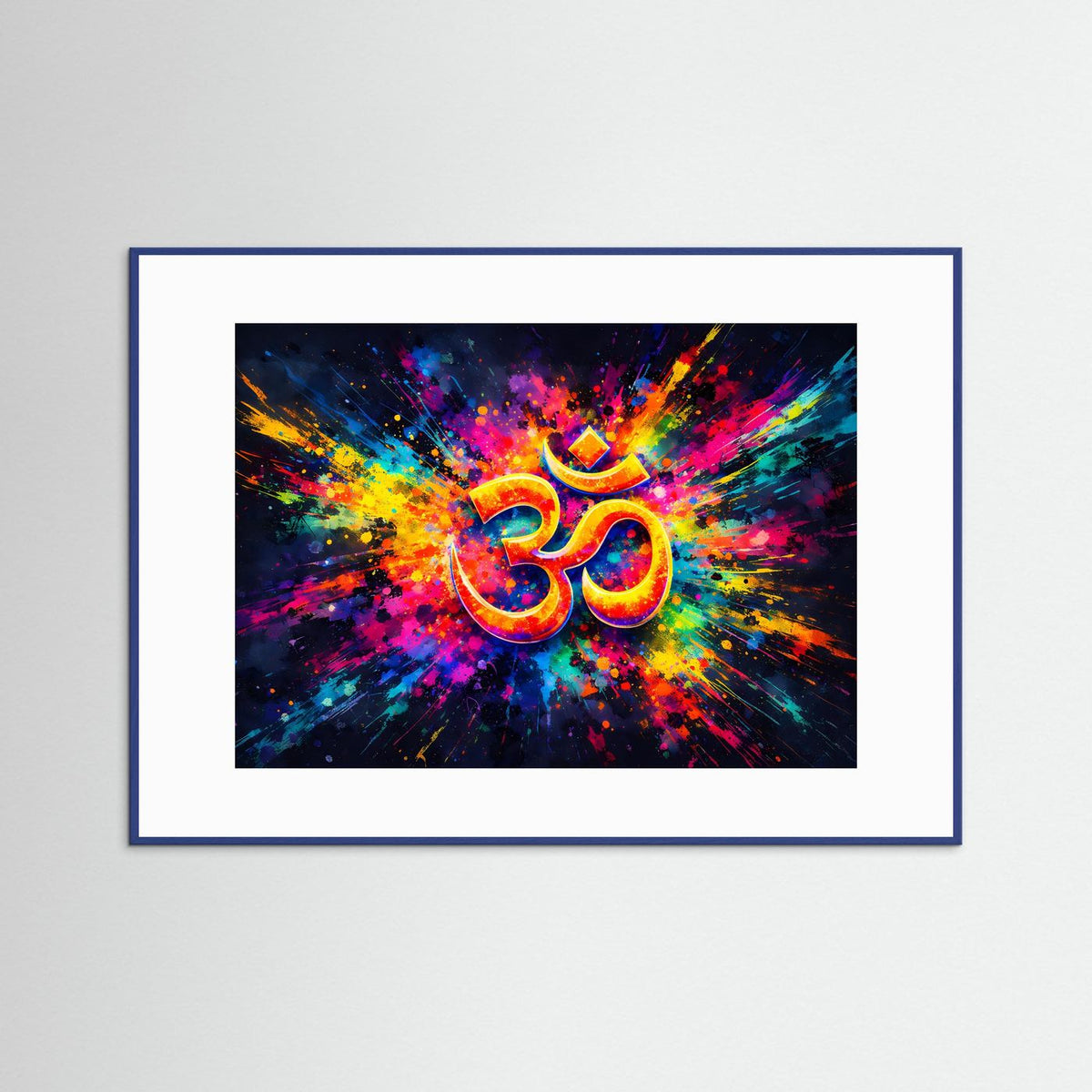 Querformat-Poster mit Om-Symbol und Strahlenexplosion, blauer Holzrahmen
