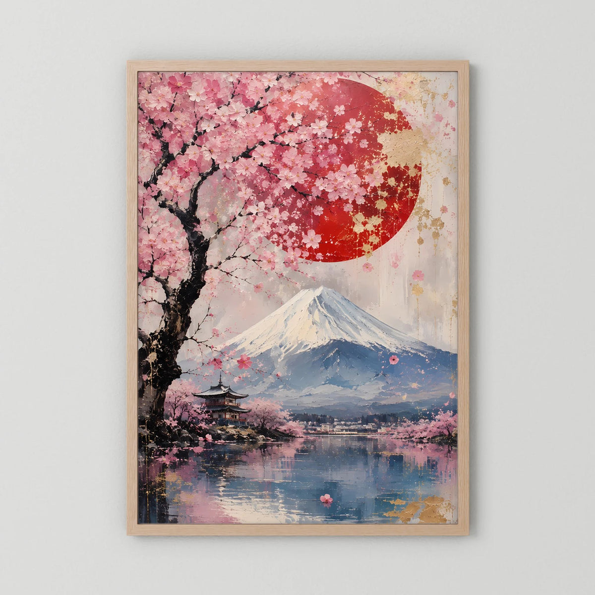 Hochformatiges Poster mit Kirschblüten, roter Sonne und Fuji-Bergmotiv über Wasser, hellbrauner Holzrahmen