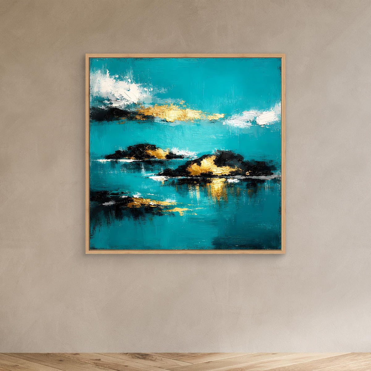 Gerahmtes Leinwandbild mit türkisfarbenem Inselmeer und goldenen Lichtspuren
