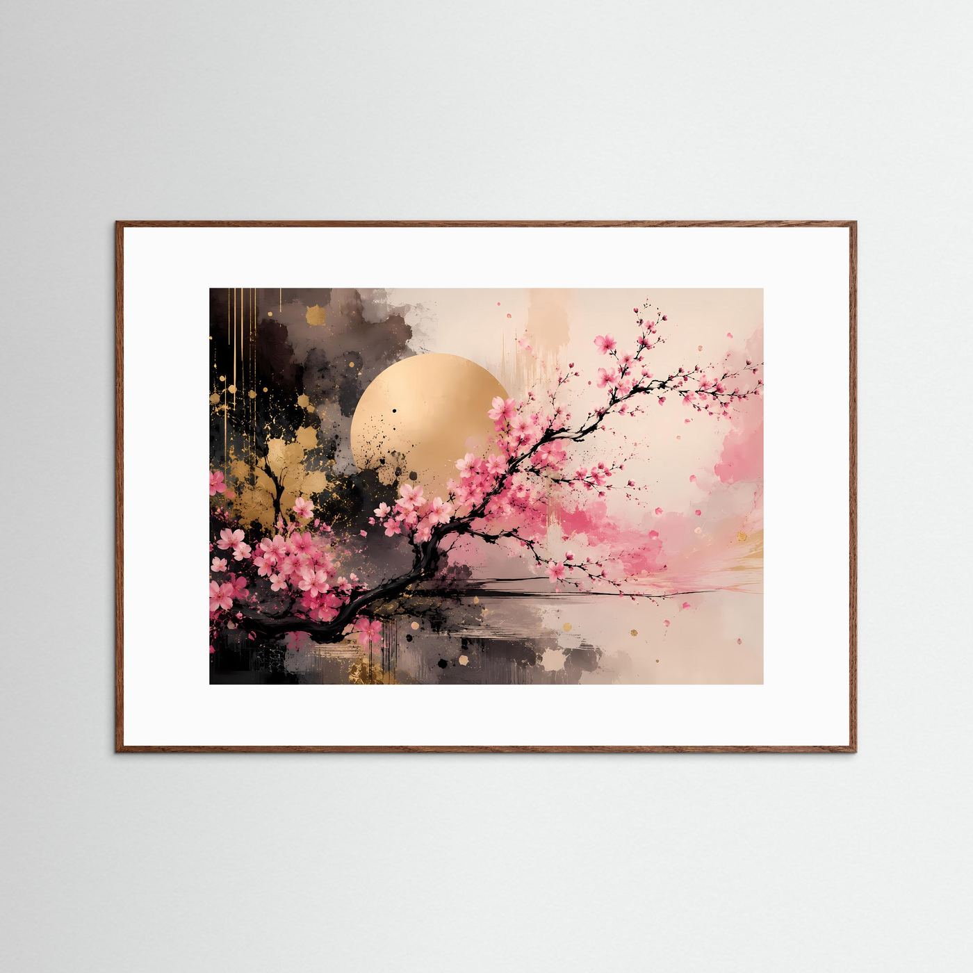 Kirschblüten Poster | Japanische Sakura Wandkunst | Moderne Abstrakte Zen Kunst mit Gold | Elegantes Wandbild