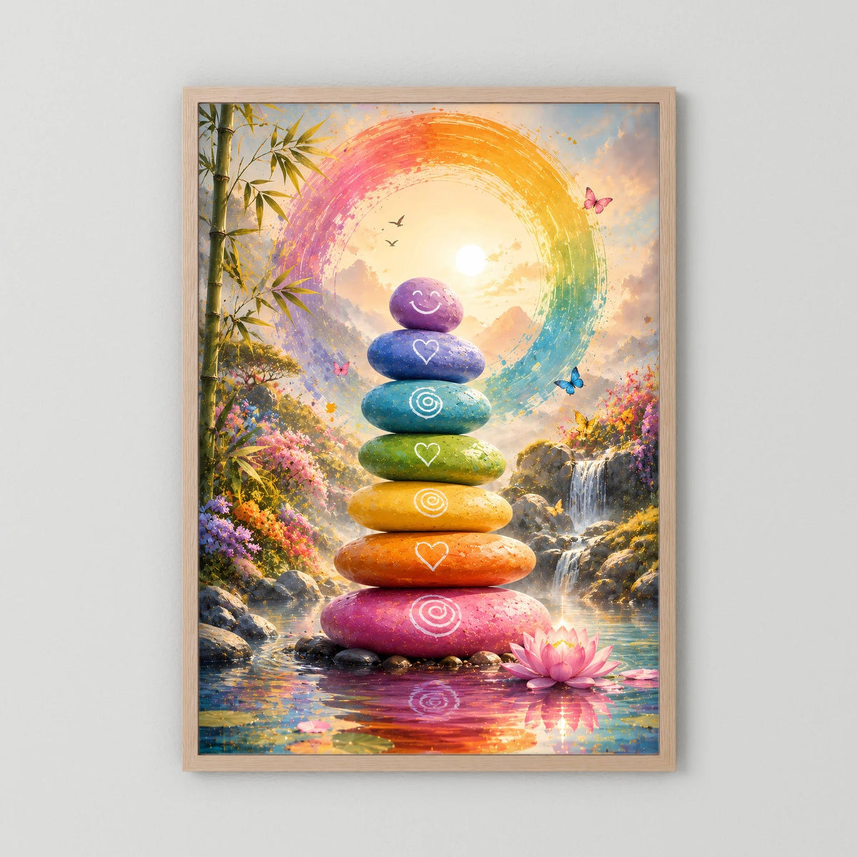 Poster im Hochformat mit hellem Holzrahmen: Regenbogen-Steinturm und Lotus