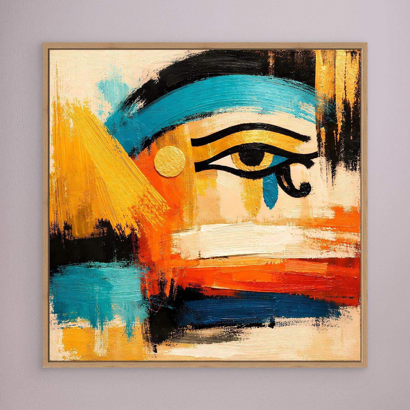 Abstract eye wall art with turquoise, orange, and gold strokes, wood frame