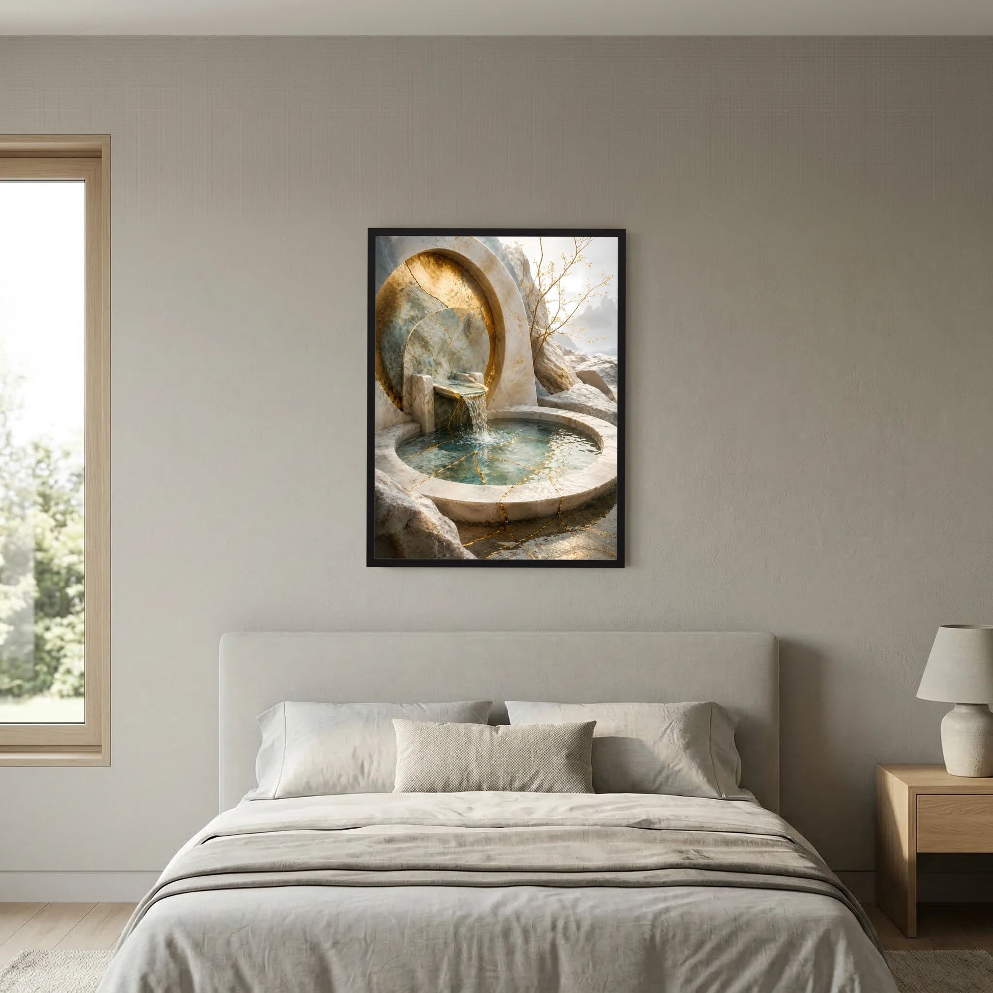 Poster im Hochformat mit goldfarbener Brunnenanlage: runde Quelle mit türkisfarbenem Wasser