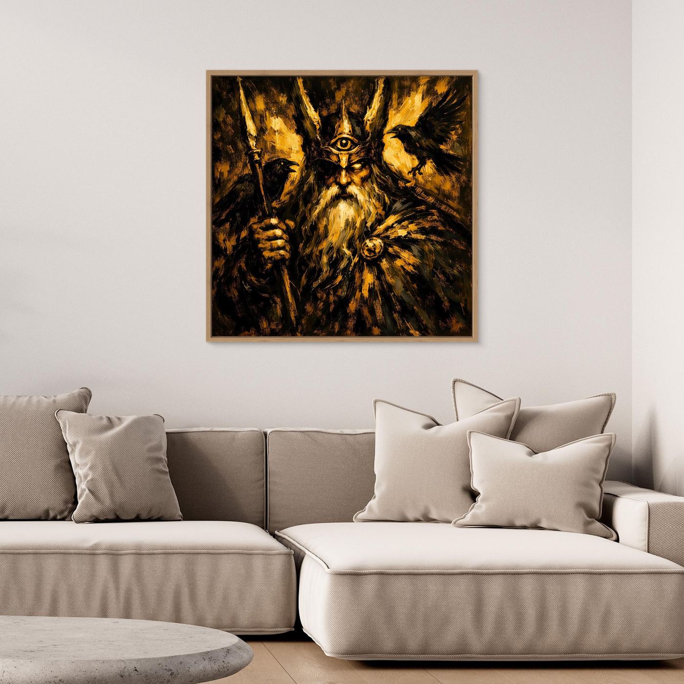 Leinwand Mythischer Allvater Odin in Goldoptik | Abstraktes Wikinger Götter Wandbild
