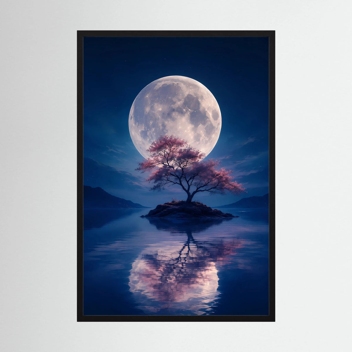 Schwarz gerahmtes Hochformat-Poster: Vollmond über Bauminsel mit Spiegelung im Wasser