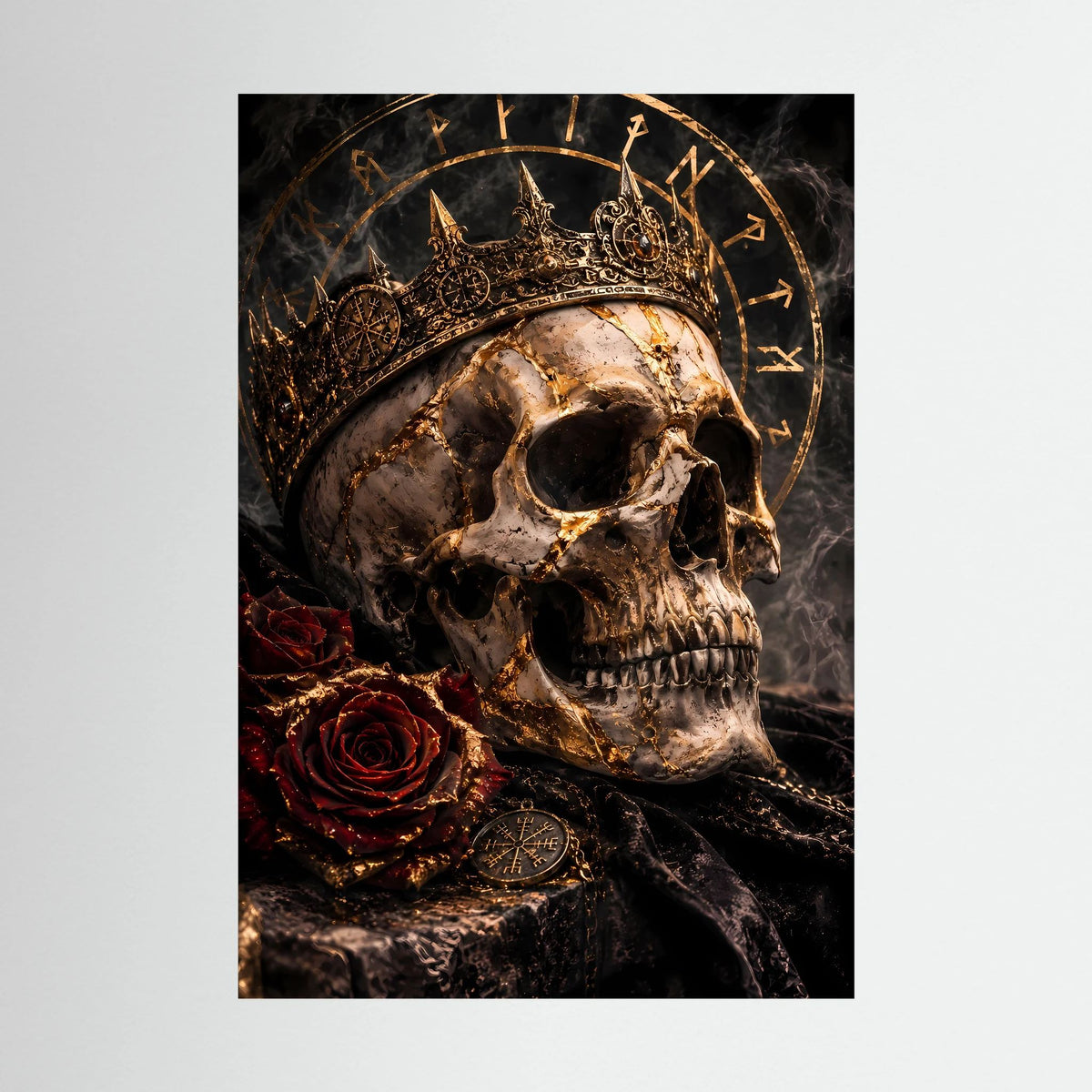Poster-Print mit Totenkopf, goldener Krone, Runenring und roten Rosen, schwarz-gold