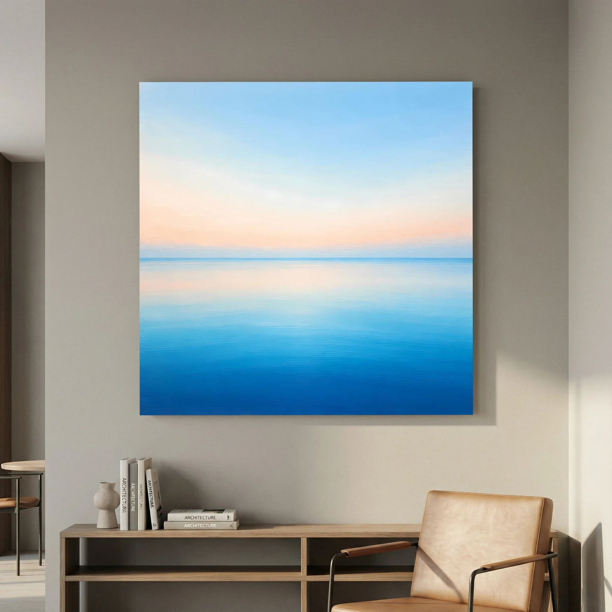 Quadratisches Leinwandbild Meereshorizont, Pastellhimmel und Ozean in Blau-Gradient