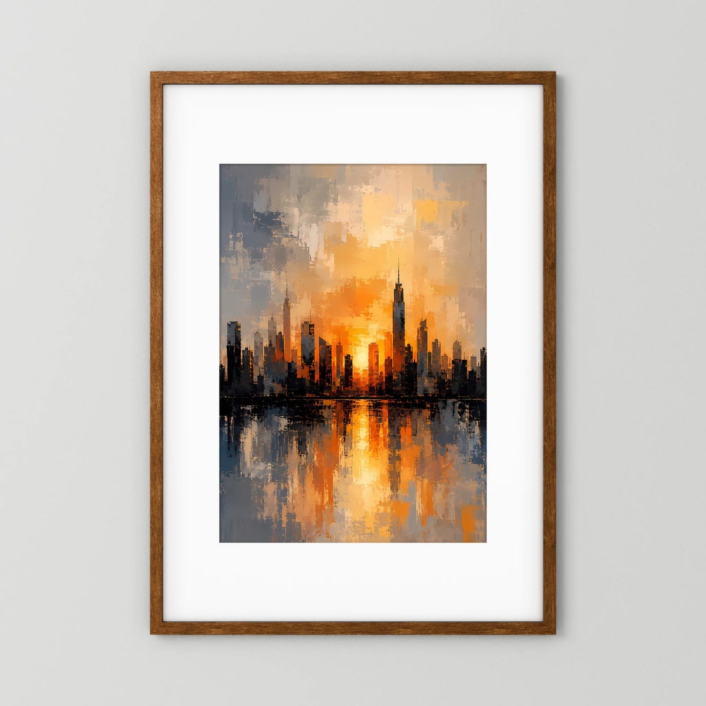 Poster mit abstrakter Skyline im Sonnenuntergang, orange-gold, brauner Holzrahmen