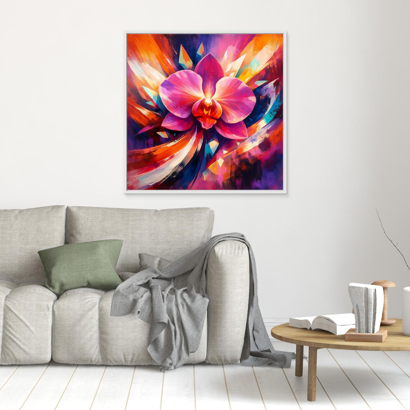Kleines gerahmtes Leinwandbild mit abstrakter Orchidee in Pink und Lila, weißer Rahmen.