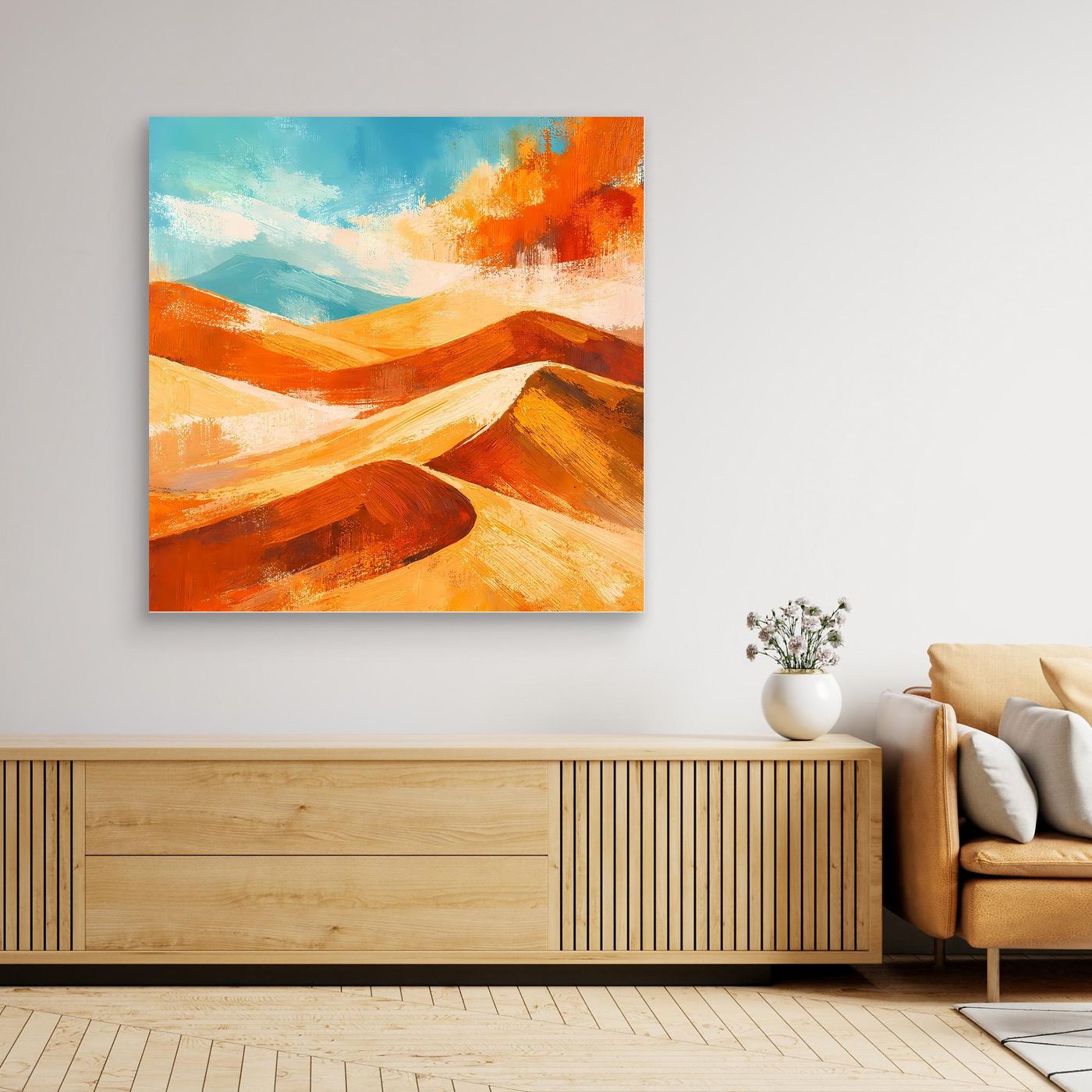 Abstract desert landscape canvas wall art with orange, gold, and teal color blocks