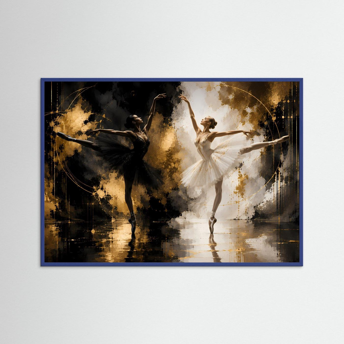 Gerahmtes Querformat-Poster mit Balletttänzerin in Weiß und Tänzer in Schwarz, goldene Spritzer