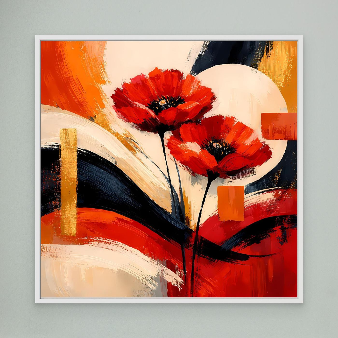 Leinwandbild mit roten Mohnblüten im abstrakten Rot-Gold, weißer Rahmen
