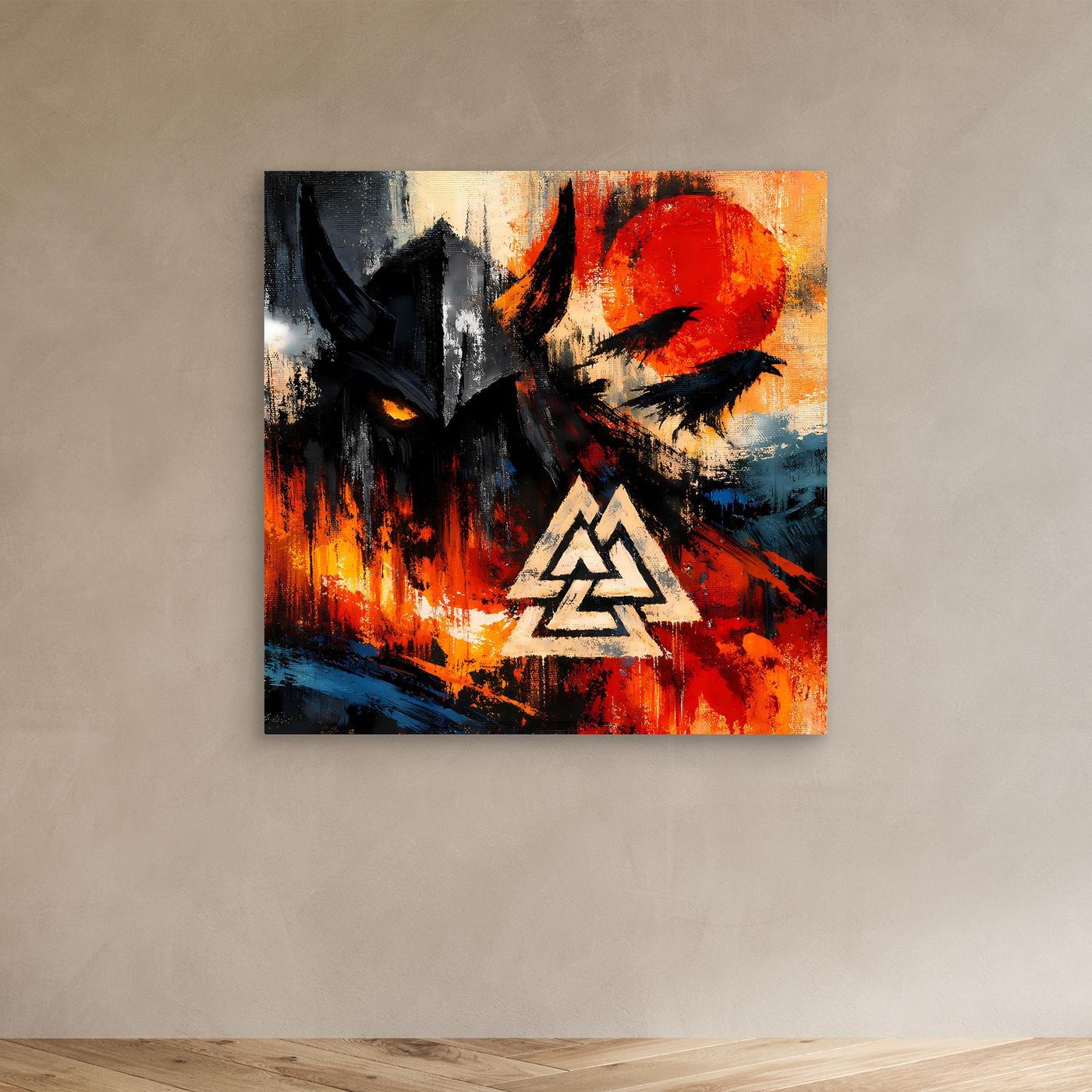 Gerahmtes Leinwand-Wandbild: abstraktes Rabenmotiv mit Valknut-Symbol, schwarzer Rahmen