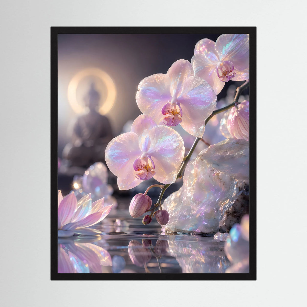 Hochformatiges Poster mit perlmuttfarbenen Orchideen in schwarzer Umrandung.