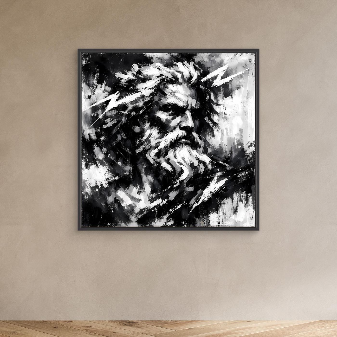 Abstract Zeus wall print in black and white with dark frame, small wall view