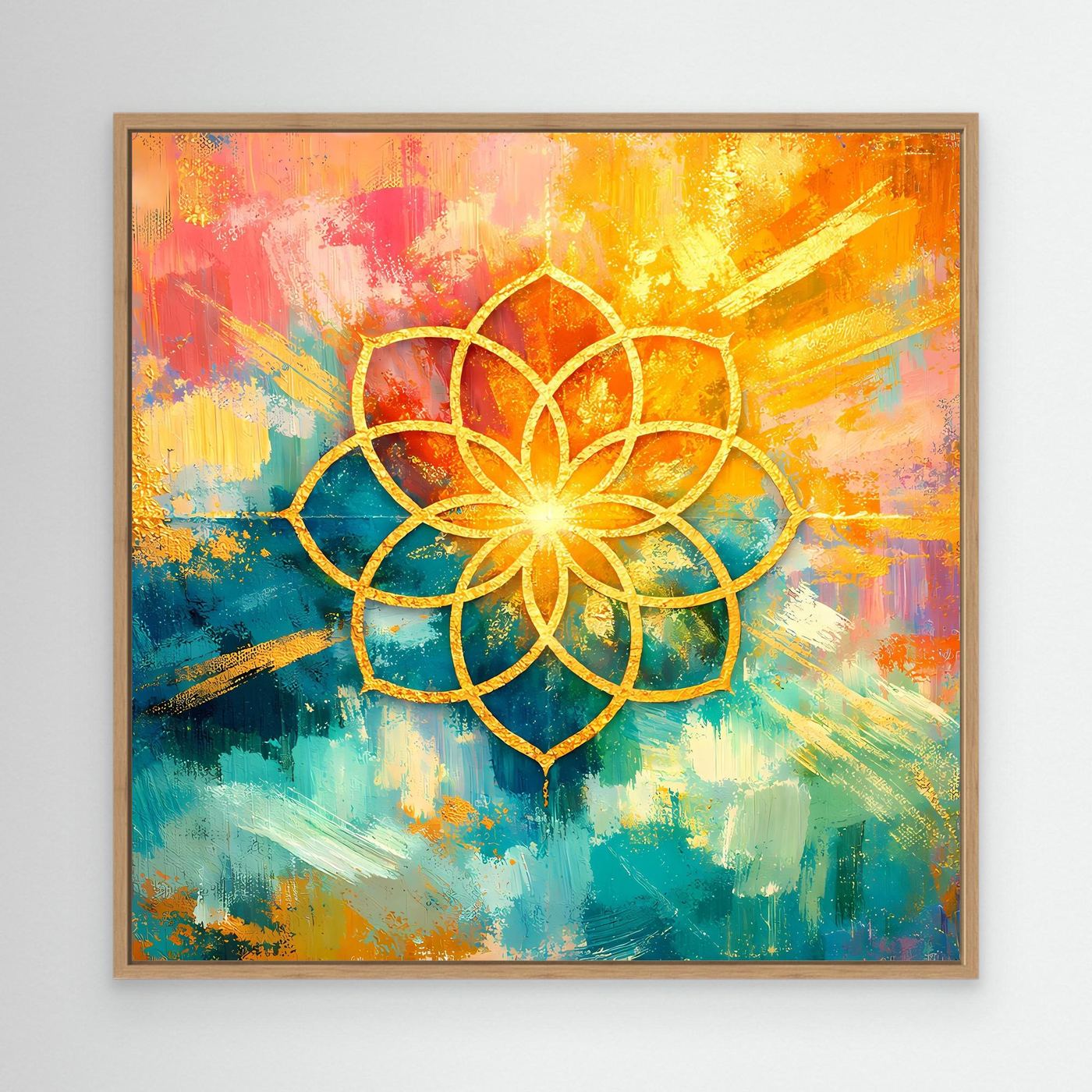 Quadratisches Leinwandbild mit Eichenrahmen: goldenes Blume-des-Lebens-Mandala, bunt