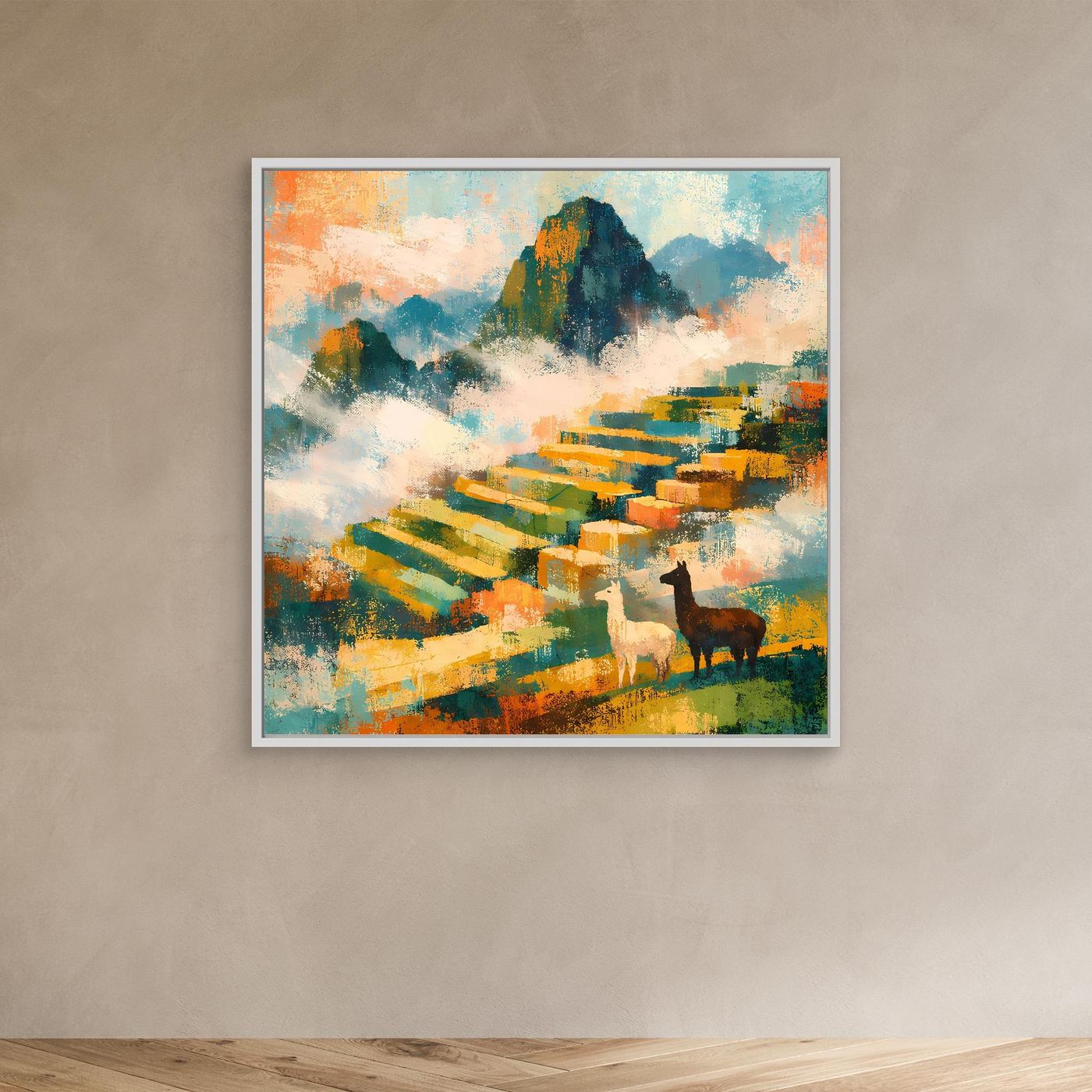 Leinwand-Wandbild mit abstrakter Landschaft, farbigen Terrassen und zwei Alpakas, türkisfarbener Rahmen