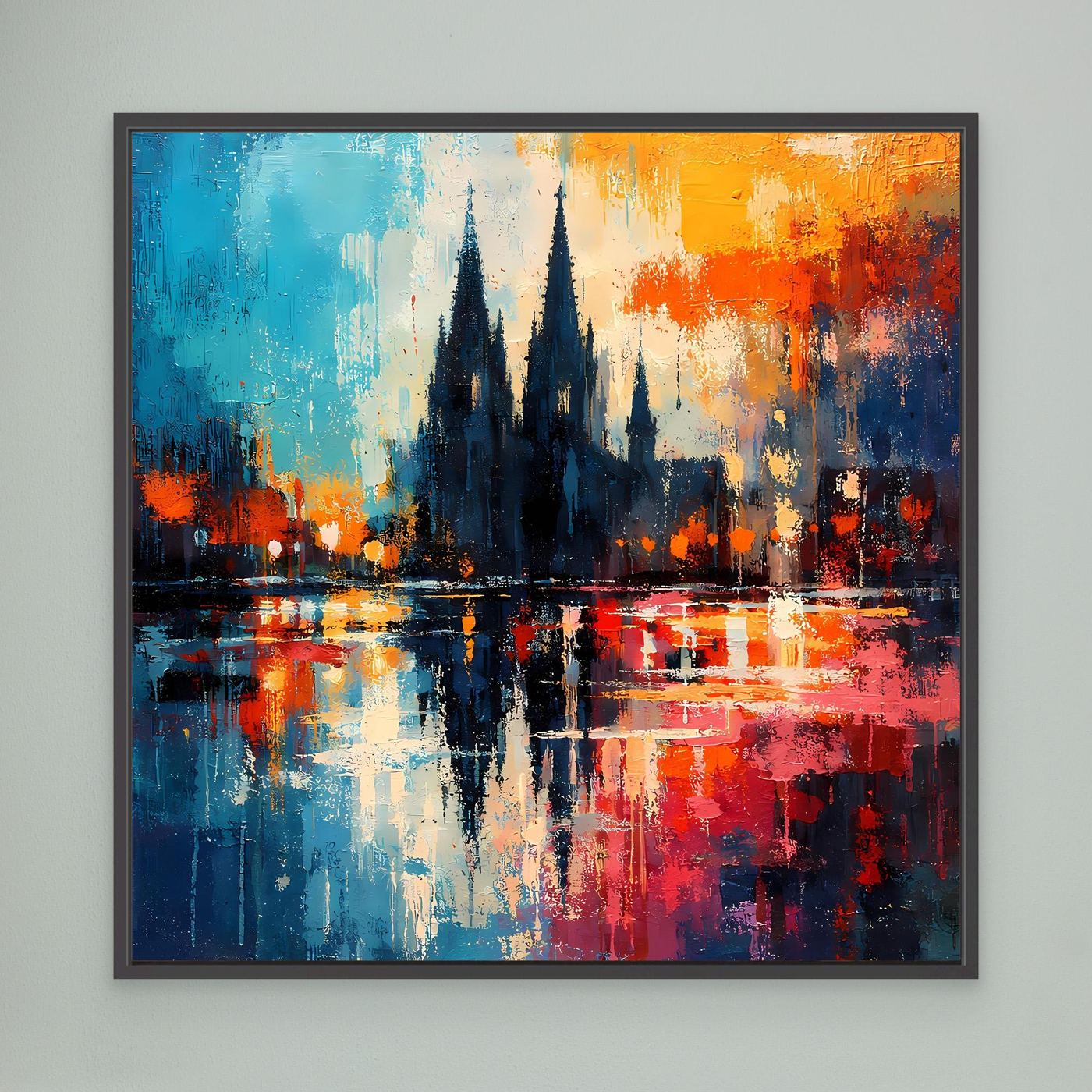 Wandbild mit schwarzem Rahmen: abstrakte Köln-Dom-Silhouette mit Spiegelung, blau-orange-rot.