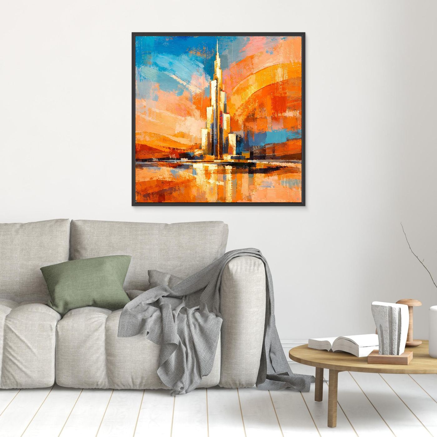 Leinwandbild mit abstraktem Burj-Khalifa-Motiv und Spiegelung, schwarzer Rahmen