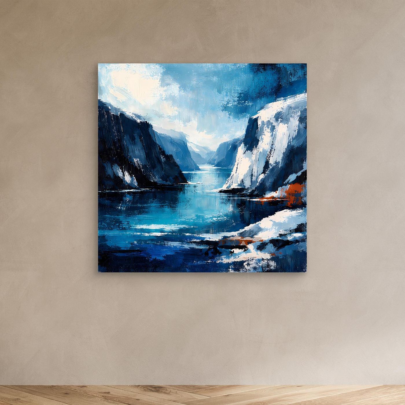 Abstraktes Wandbild auf Leinwand: blaue Klippen und Meer, helle Wolken, kompakt ohne Rahmen.