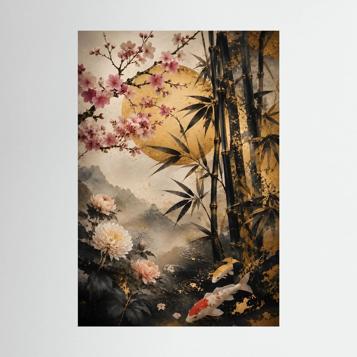 Japanisches Poster im Hochformat mit Koi, Bambus und Kirschblüten in Schwarz-Gold