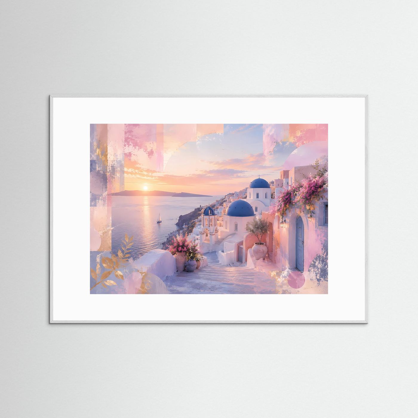 Santorini Poster | Pastell Griechenland Wandbild | Mediterrane Küstenlandschaft | Abstrakte Architektur Kunst | Sonnenuntergang Leinwand