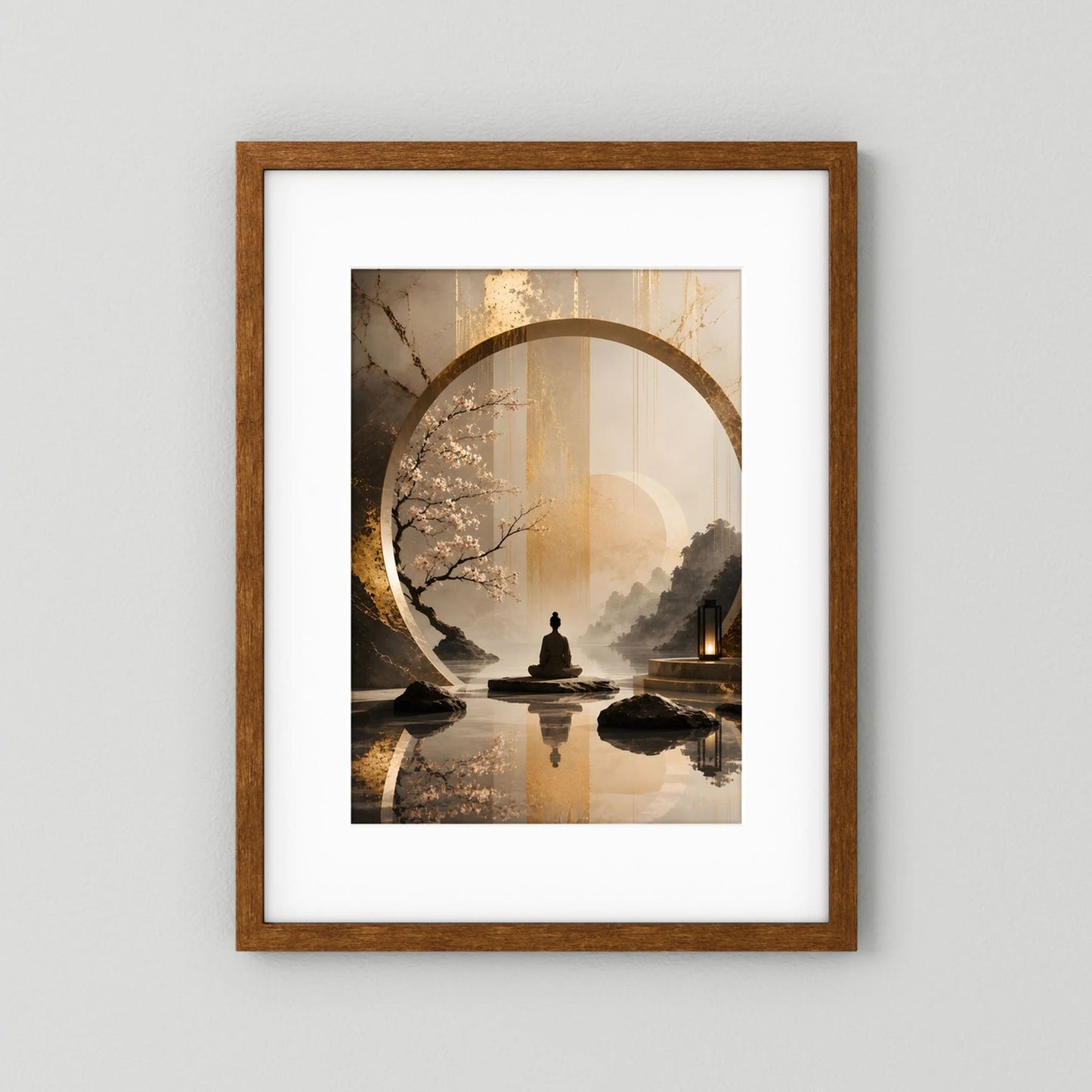 Zen-Kunstposter mit goldener Kreisform, sitzender Figur und Kirschblüten, Beige, Holzrahmen dunkel