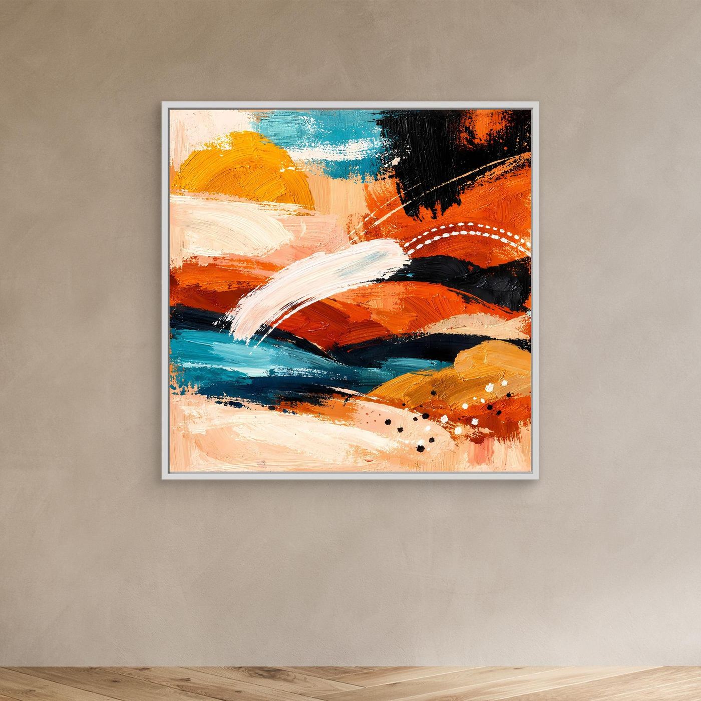 Abstract canvas wall art with terracotta and turquoise brushstrokes in white frame