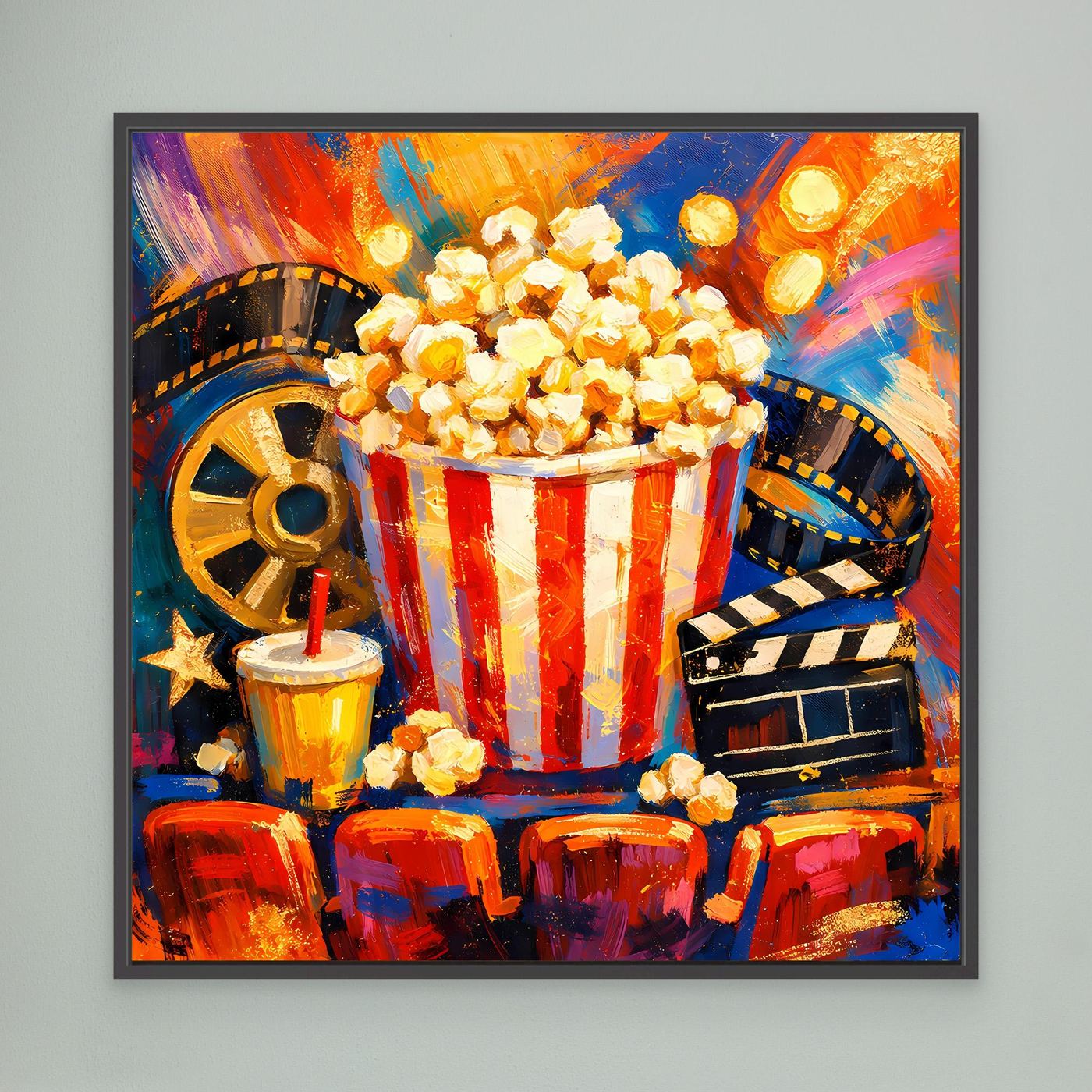 Leinwandbild mit Popcorn-Eimer und Filmstreifen, schwarz gerahmt