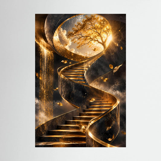 Hochformatiges Kunstposter mit goldener Wendeltreppe und Baum im Kreislicht